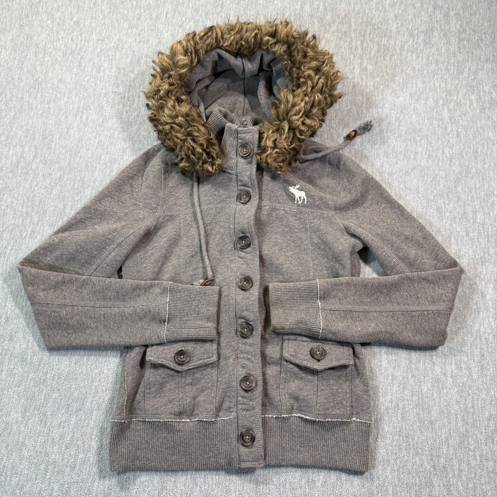 Abercrombie Jacket Women M Gray Button Faux Fur Hood Logo Pocket Winter Warm